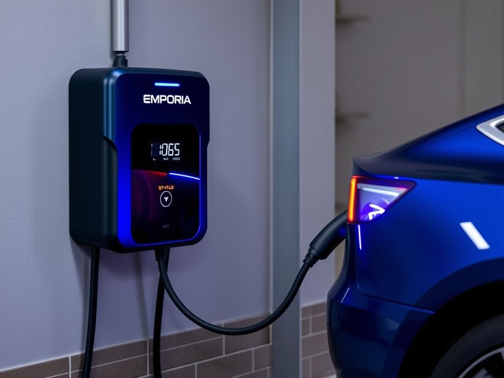 Emporia 48-amp charger connected to a Tesla Model 3
