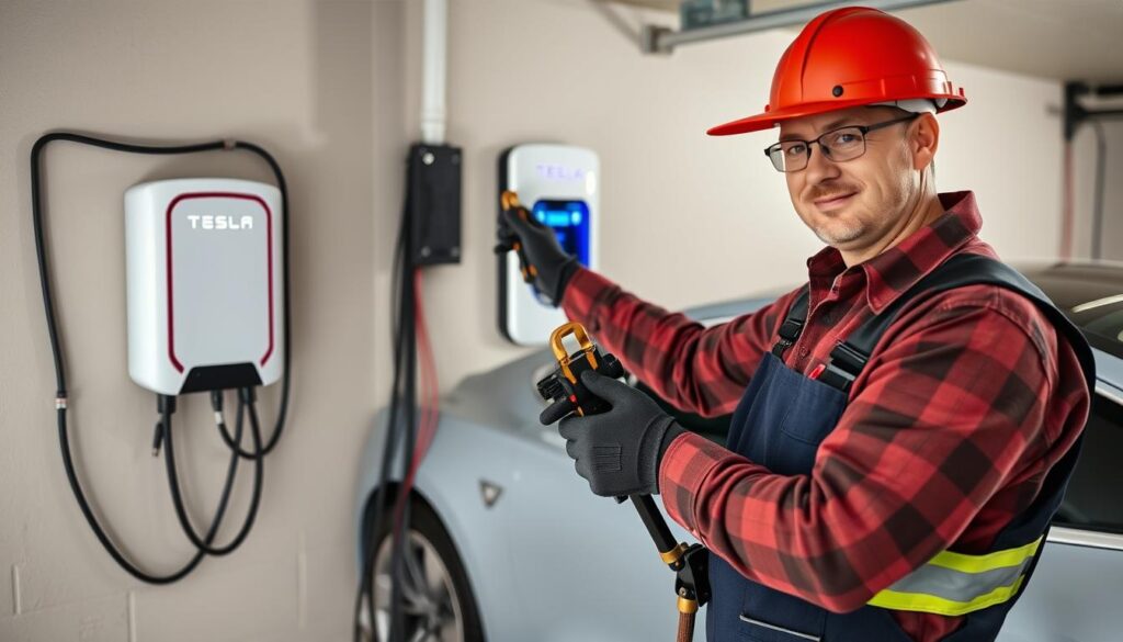 Professional electrician installing a home charging station for Tesla Model 3