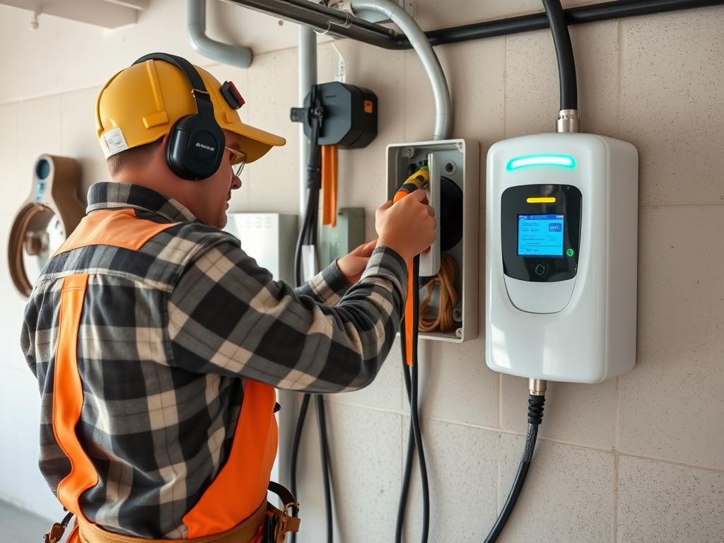 Professional electrician installing a wall charger for Tesla Model S Professional electrician installing a wall charger for Tesla Model S