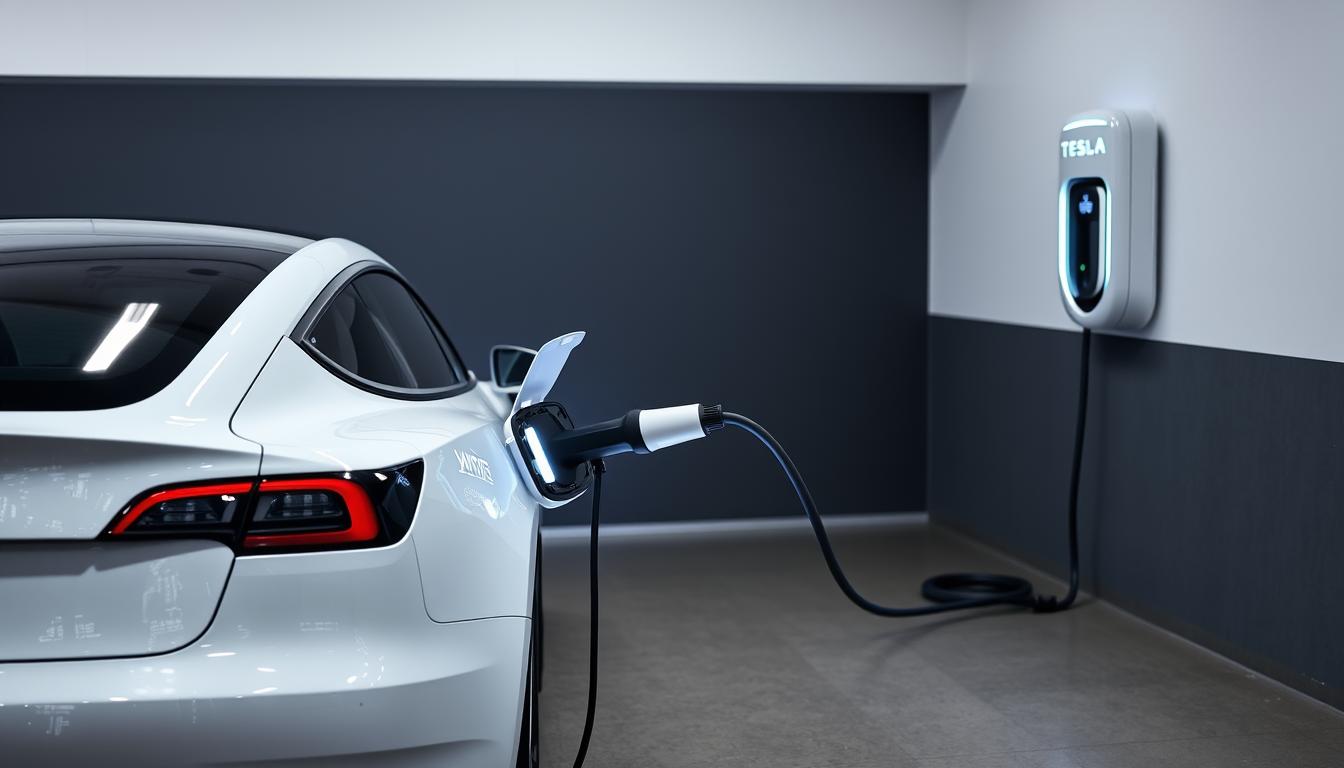 Tesla Model 3 connected to a home charging station in a modern garage