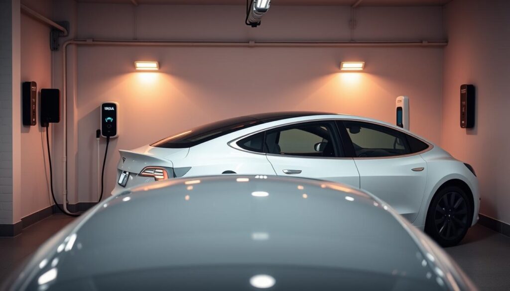 Tesla Model 3 fully charged with home charging station in modern garage