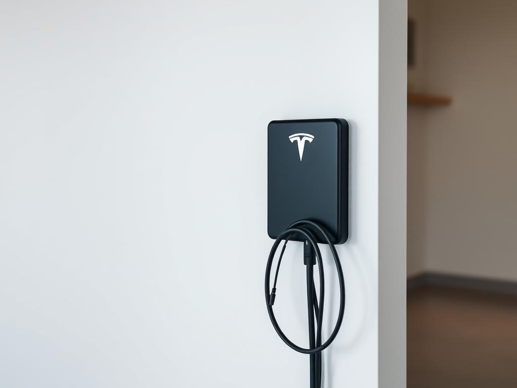 Tesla Wall Connector installed in home garage for Tesla Model S charging Tesla Wall Connector installed in home garage for Tesla Model S charging