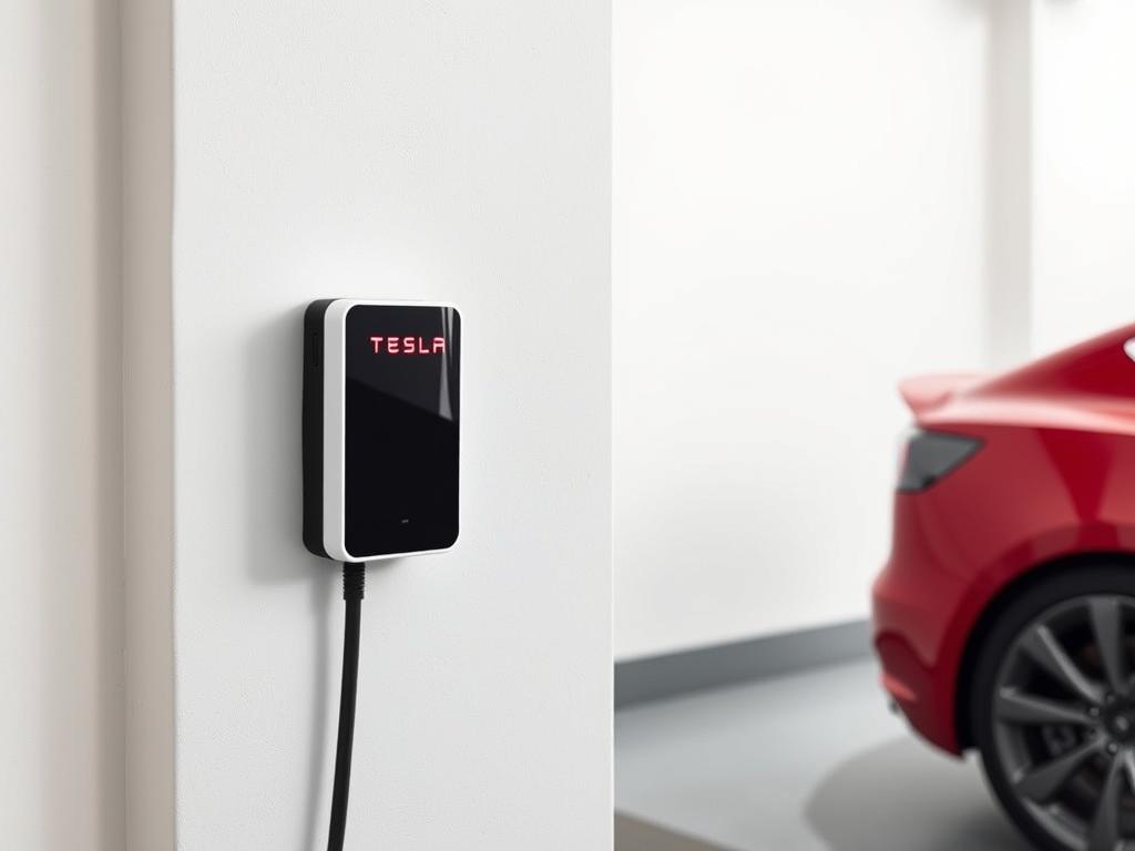 Tesla Wall Connector mounted on garage wall next to a Tesla Model 3